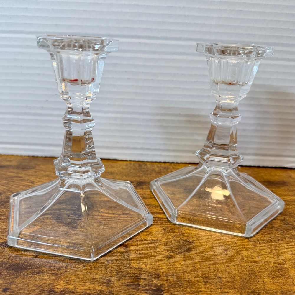 Clear Glass Candlestick Holders - Modern Geometric 2‎ Candle Holders Set Holiday
